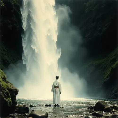 The final image depicts a person in white traditional robes standing in front of a waterfall, partly obscured by the spray; the natural setting provides a sense of tranquillity and majesty.,a man is s