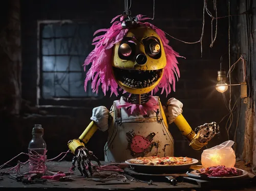 funtime chica, withered, damaged animatronic, exposed wires, missing faceplate, hanging yellow feathers, pink accents, broken beak, empty eye sockets, clawed hands, standing pose, abandoned pizzeria s