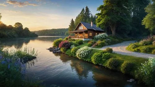 house with lake,summer cottage,house in the forest,house by the water,home landscape,hobbiton,beautiful home,fantasy picture,cottage,landscape background,wooden house,idyllic,summer house,beautiful landscape,idyll,fisherman's house,fantasy landscape,slovenia,boathouse,river landscape