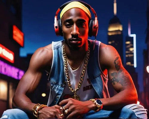 Tupac Shakur, Fortnite gamer, African American, gold chain, tattoos, athletic build, sleeveless shirt, ripped jeans, red sneakers, gaming headset, intense gaze, competitive pose, dark background, neon