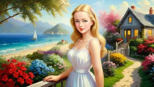 Romantic masterpiece oil painting, cute girl portrait, nostalgic 1950's style kitsch, seaside cottage landscape, tropical summer beach scenery, by Thomas Kinkade, by Bob Ross,landscape background,fant