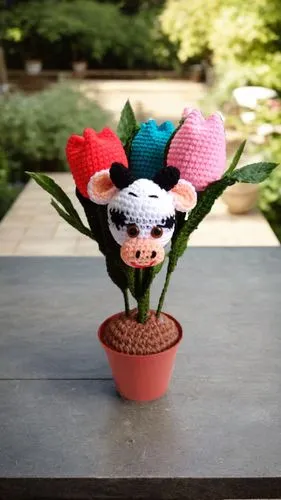 small crocheted cow in small pot, sitting on cement surface,seed cow carnation,flower pot holder,wooden flower pot,terracotta flower pot,flower pot,polka plant,Small Objects,Outdoor,Garden