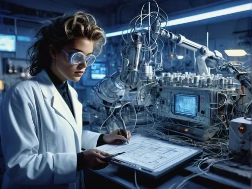 Stable, futuristic laboratory interior, diffusion model diagram, 3D blueprint, holographic projection, scientist, white coat, goggles, messy hair, clipboard, pen, experimental equipment, wires, circui