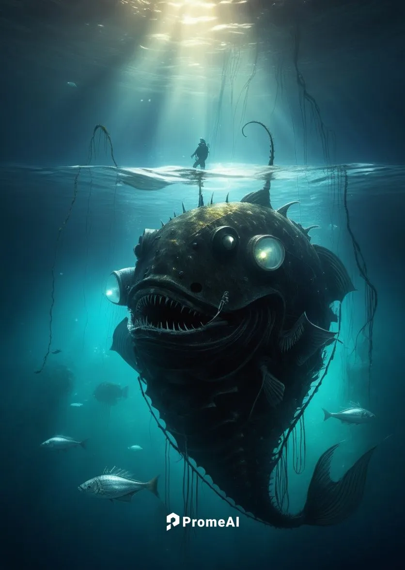 Gigantic angler fish underwater, magical and surreal ambiance, ultra HD,anglerfish,sunken boat,deep sea,sunken ship,bathysphere,mola,nekton,sea devil,undersea,deepsea,deep sea nautilus,submersible,coe