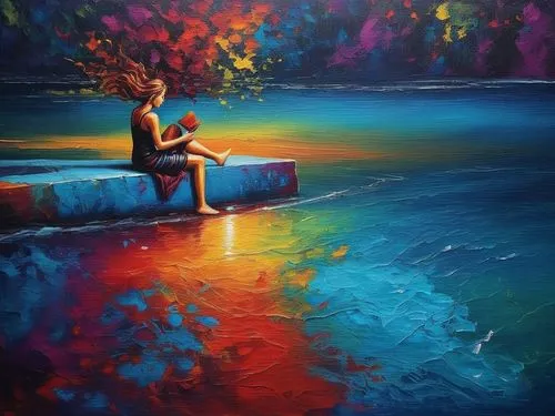 dubbeldam,girl on the boat,girl on the river,oil painting on canvas,art painting,colorful water,oil painting,pintura,floating on the river,chudinov,dmitriev,dream art,coomber,romantic scene,fisherman,pintor,canoeist,boat landscape,colorful light,colorful background,Illustration,Realistic Fantasy,Realistic Fantasy 25