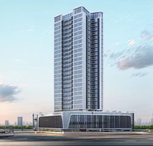 architectural post, a high rise residential building in an urban city, semi-modern elements,COLOR SCHEME BULE AND GREY,tallest hotel dubai,largest hotel in dubai,residential tower,hoboken condos for s