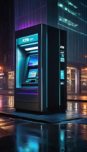 Modern ATM, futuristic architectural design, sleek lines, LED lights, glass facade, metallic structure, urban cityscape background, nighttime, neon lights reflection on wet pavement, shallow depth of 