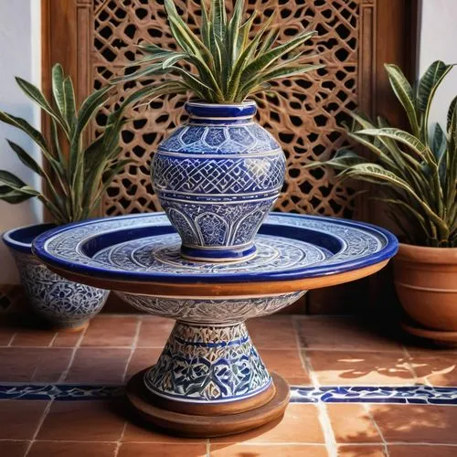 moroccan pattern,majorelle blue,marrakech,marrakesh,spanish tile,essaouira,two-handled clay pot,terracotta flower pot,dinnerware set,terracotta tiles,agave azul,earthenware,terracotta,morocco,pottery,garden pot,blue and white porcelain,clay tile,ceramic tile,morocco lanterns,Illustration,Realistic Fantasy,Realistic Fantasy 03