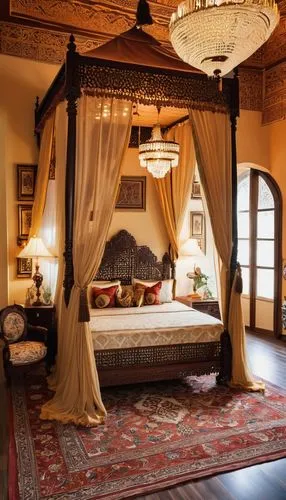 bedchamber,ornate room,four poster,moroccan pattern,chambre,inglenook,sleeping room,haveli,riad,morocco,great room,marrakesh,bedspreads,bridal suite,danish room,bedrooms,victorian room,bedroom,interior decor,loft,Illustration,American Style,American Style 10