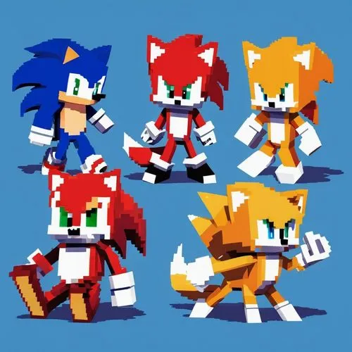 Sonic, Tails and Knuckles,a group of pixelated sonic - o's posing for a po,tails,sonics,sonic,knuckles,pensonic,hedgehogs,sonicblue,knux,reshapes,fleetway,game characters,sprites,sega,hedgehog heads,p