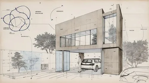 an architectural drawing of a garage with various drawings on it,house drawing,crittall,sketchup,archigram,habitaciones,corbu,Unique,Design,Blueprint