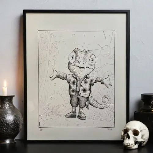 frog figure,kraang,woodring,oddworld,mwonzora,frame illustration,day of the dead frame,kozik,kricfalusi,mignola,psychonauts,jazz frog garden ornament,skrang,framed paper,royo,vintage skeleton,mezzotin