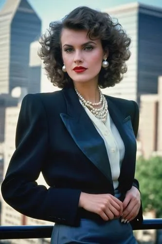 Nancy Downs, 1980s fashion, curly brown hair, volume at roots, soft waves, side swept fringe, bright makeup, bold eyebrows, glossy lips, white pearl necklace, fitted blazer, silk blouse, high-waisted 