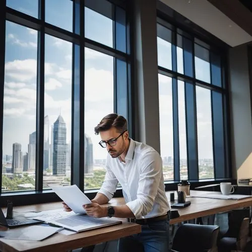 Modern architect designing ABAP architecture, male, 30s, serious expression, glasses, short brown hair, dressed in casual business attire, white shirt, dark blue jeans, black leather shoes, standing i