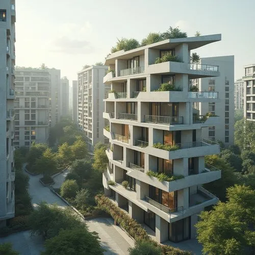 Modern social housing, futuristic architecture, innovative concrete structures, geometric shapes, clean lines, minimal decor, large windows, natural light, green roofs, urban landscape, cityscape, bru