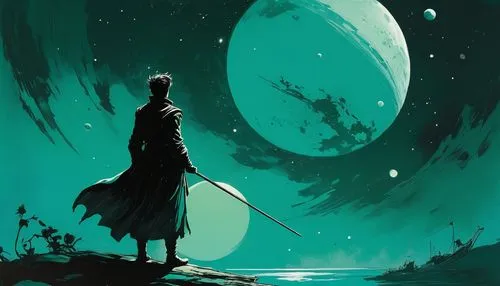 In dreams, I'm sailing across hyperspace among the planets, by Lotte Reiniger, by Zao Wou-Ki, teal,a man standing on top of a lush green hillside,schierke,bankai,akutagawa,zoro,hijikata,kuchiki,the wa