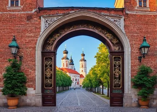 Lithuanian Gothic, Baroque style, intricate stone carvings, grandiose entrance gates, ornate facades, red-tiled roofs, narrow streets, historic Old Town, Vilnius Cathedral Square, Gediminas Castle, Pr