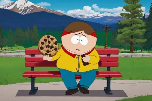 Cartoonish South Park character, chubby cheeks, bright blue eyes, messy brown hair, yellow shirt with a red "S" emblem, blue jeans, white sneakers, sitting on a bench, eating a giant chocolate chip co