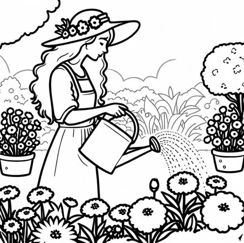 a woman watering flowers in her yard coloring page,coloring pages,coloring page,gardening,picking flowers,coloring pages kids,carnation coloring,Design Sketch,Design Sketch,Rough Outline