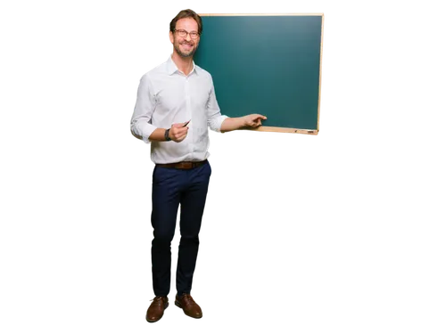 Middle-aged man, math teacher, solo, (40yo), glasses, messy brown hair, beard, white shirt, black trousers, black leather shoes, holding chalk, standing in front of a green blackboard, gentle smile, s