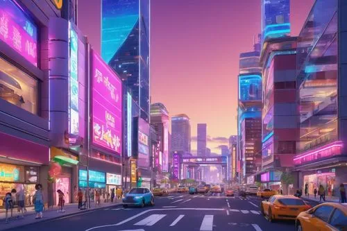 colorful city,city scape,cybercity,shinjuku,cityscapes,tokyo city,new york streets,megapolis,city trans,fantasy city,cityscape,world digital painting,akiba,city highway,new york,cartoon video game background,akihabara,cybertown,time square,microdistrict,Illustration,Japanese style,Japanese Style 02