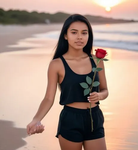 A tanned 18-year-old girl with straight black hair, she wears sneakers, a tank top and black shorts.  Lover holding a rose on the beach at sunset.,a woman in a bikini and red rose posing by the ocean,