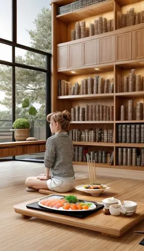 eating sushi on coffee table ,modern kitchen interior,wooden desk,kitchen design,modern kitchen,tile kitchen,apple desk,wooden shelf,bookshelves,writing desk,folding table,modern minimalist kitchen,wo