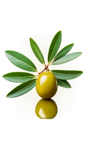 Olive clip art, green olive fruit, leafy stem, glossy surface, rounded shape, solo, center composition, soft focus, warm color tone, detailed texture, realistic, morning light, shallow depth of field.