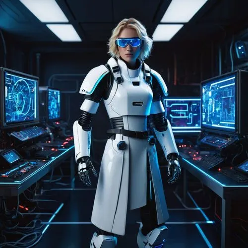 Sans AU Generator, futuristic laboratory, solo, (robot), glowing blue circuits, neon lights, metal limbs, white coat, goggles, messy blond hair, gloves, pocket protector, holding a controller, standin