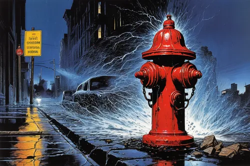 Imagine a broken street hydrant during a thunderstorm.,fire hydrants,fire hydrant,hydrant,water hydrant,above-ground hydrant,under ground hydrant,fire hose,standpipe,city in flames,red lighthouse,gas 