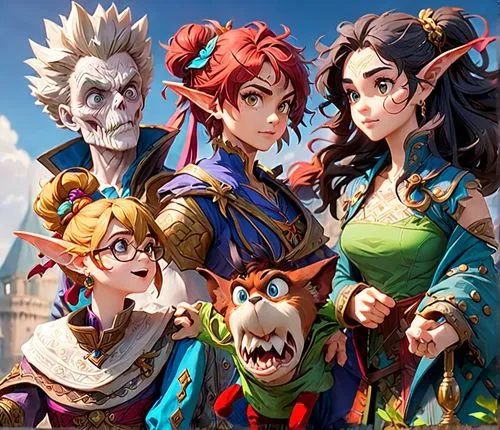 group photo of 5 adventurers,a group of people in costumes standing in front of a castle,personifications,personajes,dragon slayers,halloween banner,paladins,the dawn family,Anime,Anime,General