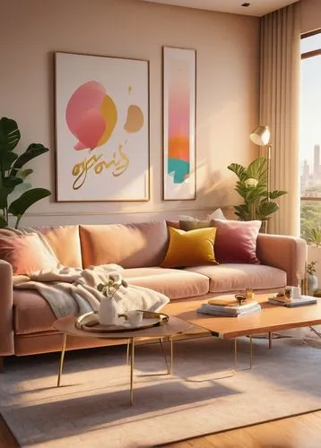 apartment lounge,gold-pink earthy colors,modern living room,living room,livingroom,sofa set,mid century modern,sky apartment,sofas,3d rendering,modern decor,soft furniture,modern minimalist lounge,sitting room,sofa,contemporary decor,penthouses,loveseat,an apartment,sofaer,Illustration,Vector,Vector 19