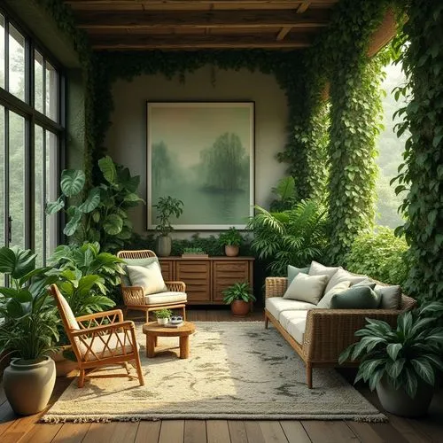 sunroom,living room,green living,houseplants,sitting room,indoor,livingroom,house plants,balcony garden,conservatory,houseplant,hanging plants,green plants,tropical greens,interior design,verdant,roof garden,greenery,great room,home interior,Photography,General,Realistic