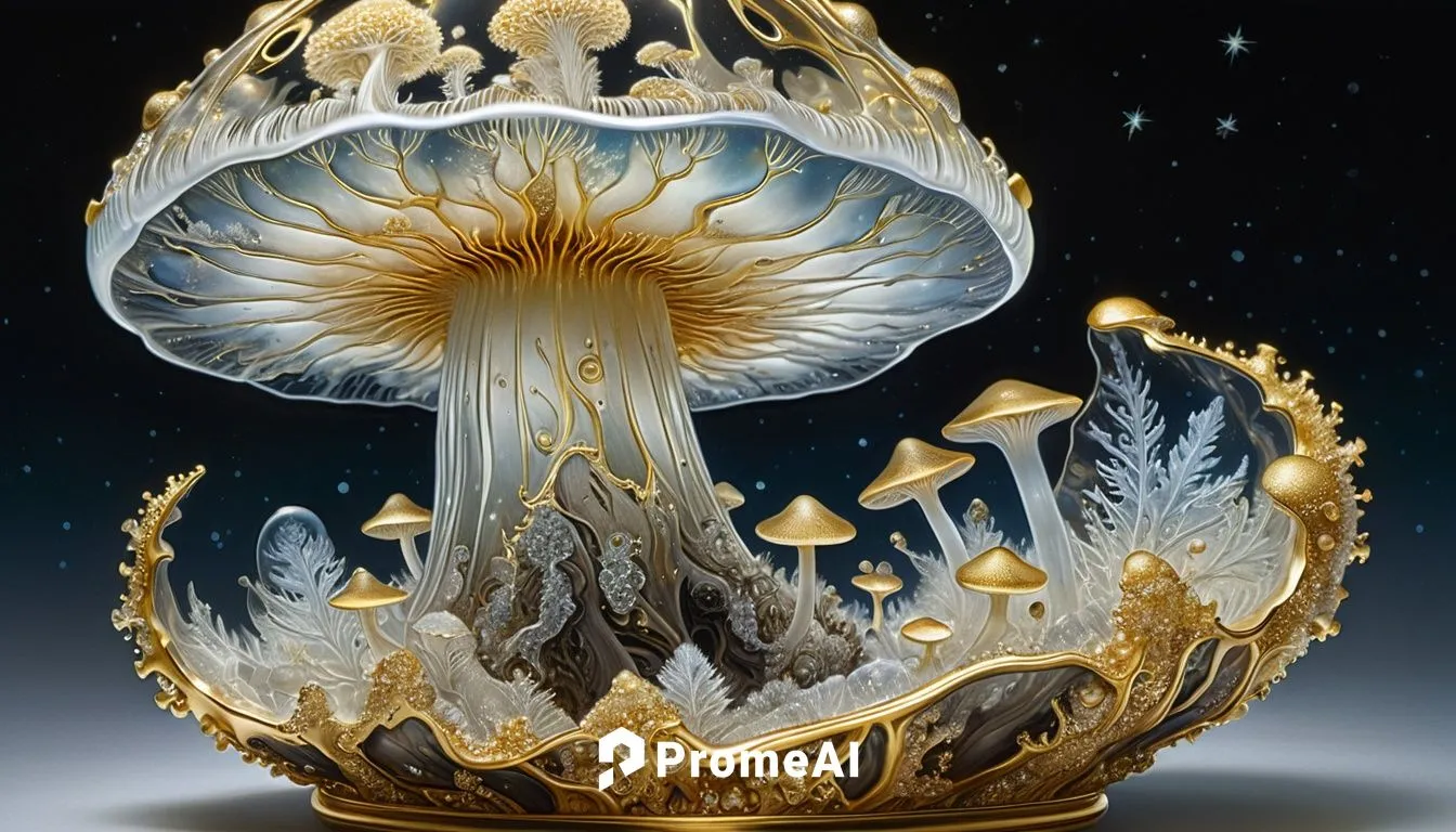 A beautiful shot of a translucent ice mushroom with nebulaic patterns and stars inside the crystal mycelium with amazingly detailed and complex gold metal fractal trimming, hyperdetailed, hyperrealist