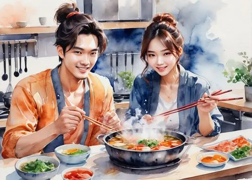 Hot pot, AI art maker, steam rising, savory aroma, warm lighting, modern kitchen, sleek countertops, stainless steel pot, wooden table, two people sitting, one male, one female, casual clothes, messy 