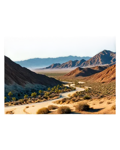 California landscape, golden hour, sunny day, blue sky with white clouds, palm trees swaying, rugged mountains in distance, vast desert terrain, sandy dunes, rocky formations, winding roads, 3/4 compo