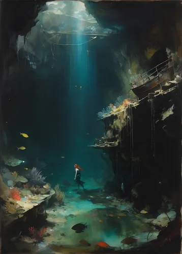 underwater landscape,underwater background,cenote,undersea,underwater playground,underwater oasis,submerged,underwater,ocean floor,exploration of the sea,ocean underwater,aquarium,sea cave,under the water,underground lake,under water,underwater world,deep sea,cave on the water,submerge,Conceptual Art,Oil color,Oil Color 01