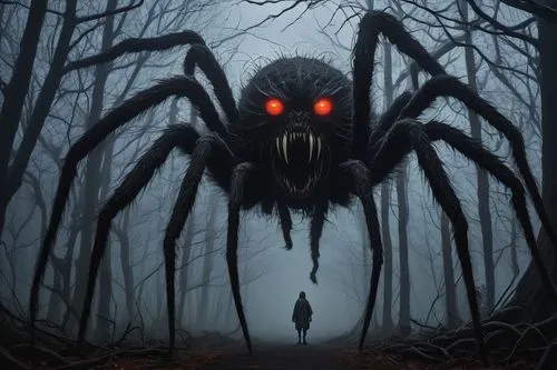 Tsuchigumo Yokai, demonic creature, giant spider legs, eerie glowing eyes, menacing sharp teeth, dark misty atmosphere, Japanese folklore-inspired, mystical forest, twisted tree branches, foggy moonli