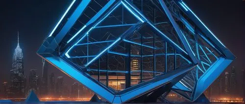 Modern futuristic foam model architecture, sleek metallic framework, intricate lattice structure, glowing neon blue accents, reflective mirrored surfaces, transparent glass panels, angular geometric s