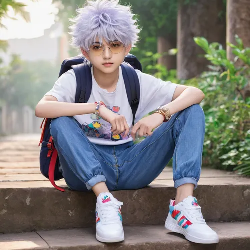 Killua Zoldyck For a cute and charming look for Killua, I chose a cotton blouse with a cartoon pattern to add a delicate and attractive touch. The light-colored denim pants can be a perfect choice for