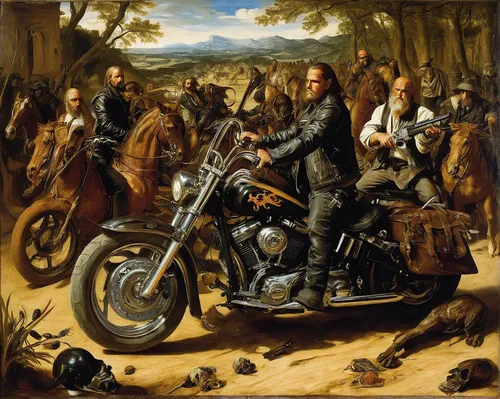 motorcycling,motorcycles,motorcycle tours,motorcycle tour,skull racing,harley-davidson,family motorcycle,hunting scene,western riding,ride out,motorcycle,motorbike,biker,american frontier,harley davidson,motorcyclist,renegade,caravan,panhead,sidecar,Art,Classical Oil Painting,Classical Oil Painting 37