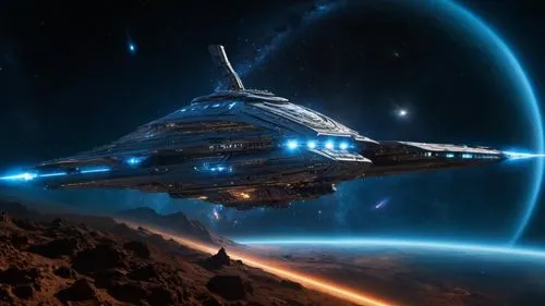 many stars, high-tech interstellar multi-level warship, glowing blue light, super-developed by a powerful unknown race, Andromeda Nebula,,a ship is in the distance above some mountains and stars,enter