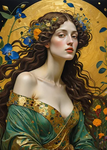 golden wreath,secret garden of venus,golden flowers,moonflower,golden apple,virgo,mucha,faery,mary-gold,spring equinox,fantasy portrait,zodiac sign libra,fantasy art,venus,art nouveau,gold filigree,faerie,the zodiac sign pisces,queen of the night,blue moon rose,Art,Classical Oil Painting,Classical Oil Painting 16