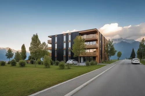 modern residential building, black glazed wooden facade, asphalted street, in Tyrol, view from the street, background are mountains,lefay,inmobiliaria,nendaz,seefeld,immobilien,aprica,3d rendering,leo