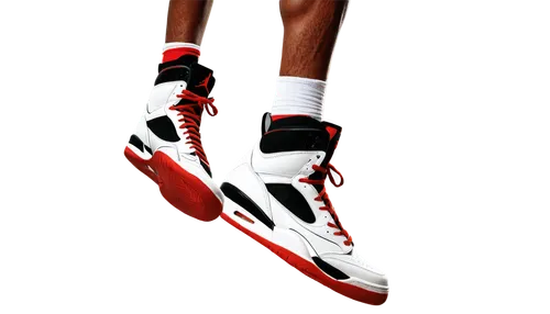 Air Jordan sneakers, white and red color scheme, laces tied, sole facing upwards, dynamic pose, jumping motion, athletic male legs, sporty atmosphere, softbox lighting, 3/4 composition, high-angle sho