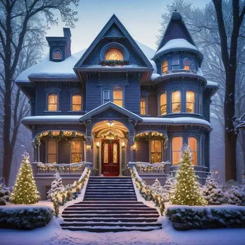 Snow-covered Victorian-style mansion, festive holiday decorations, intricate stone carvings, grand entrance with ornate doors, wreaths on doors, garlands along stairs, Christmas trees in windows, soft