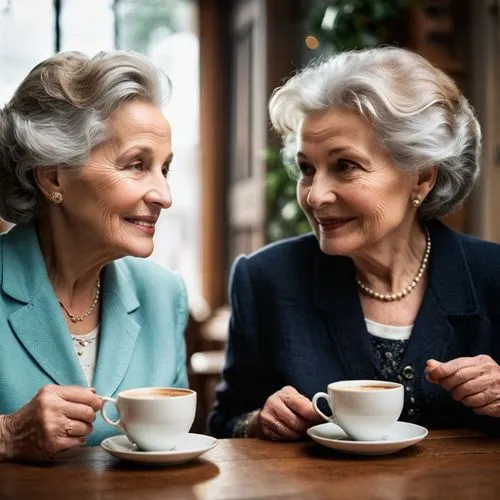 Duas senhoras simpáticas mais velhas conversam e duas delicadas xícara de café na mesa.,two women smiling and sitting down at a table with coffee,supercentenarians,centenarians,grandmothers,matriarchs