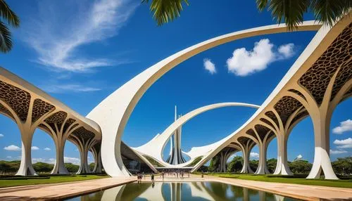 Modern Brasilia architecture, futuristic cityscape, sleek curves, white concrete, grandiose scale, monumental buildings, sweeping arches, intricate latticework, vibrant urban atmosphere, sunny day, bl