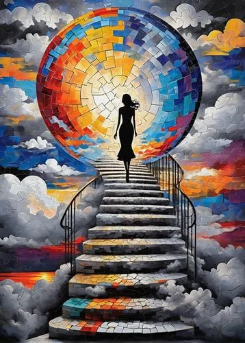 ascension,heavenly ladder,heaven gate,stairway to heaven,ascending,girl on the stairs,astral traveler,shirakami-sanchi,the mystical path,dreams catcher,world digital painting,escape,colorful spiral,pilgrim,dream world,cosmos,psychedelic art,descent,girl walking away,illusion,Conceptual Art,Oil color,Oil Color 25