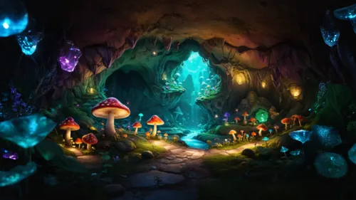 vibrant colourful mushrooms and sparkling crystals ,  few flowers,mushroom landscape,fairy village,fairy forest,fairy world,mushroom island,enchanted forest,the blue caves,druid grove,alice in wonderl